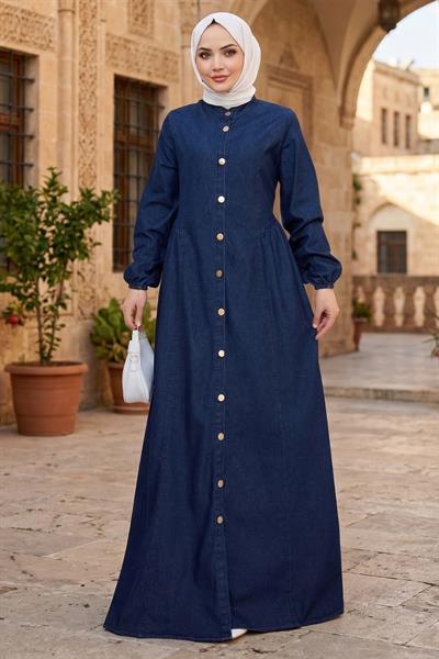 Hakim Yaka Boydan Düğmeli Kot Elbise Koyu Mavi HM2898