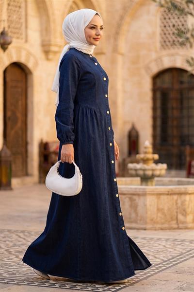 Hakim Yaka Boydan Düğmeli Kot Elbise Koyu Mavi HM2898