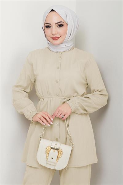 Hakim Yaka Gömlekli İkili Takım Bej HM2688