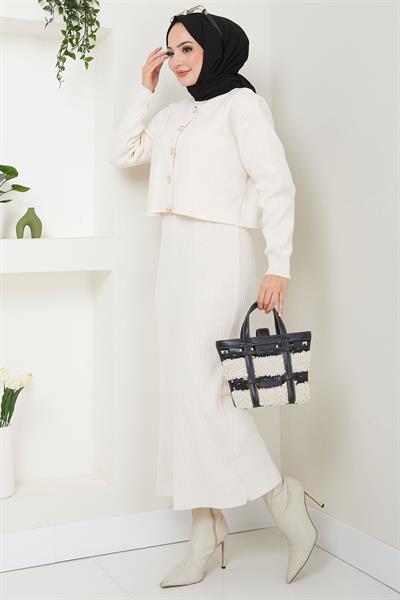 Hırkalı Jile Triko Takım Beyaz HM2581