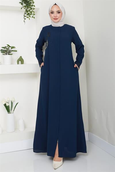 Hüma Taş Detaylı Ferace Lacivert HM2479