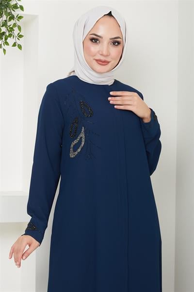 Hüma Taş Detaylı Ferace Lacivert HM2479
