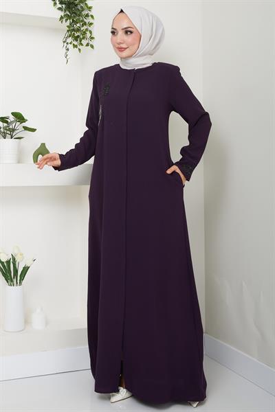 Hüma Taş Detaylı Ferace Mürdüm HM2479