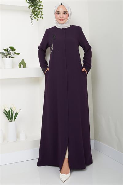 Hüma Taş Detaylı Ferace Mürdüm HM2479