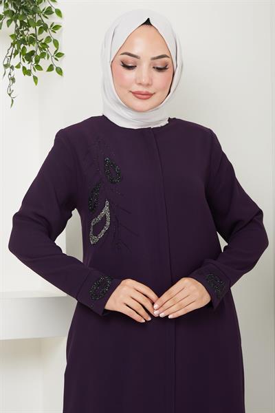 Hüma Taş Detaylı Ferace Mürdüm HM2479