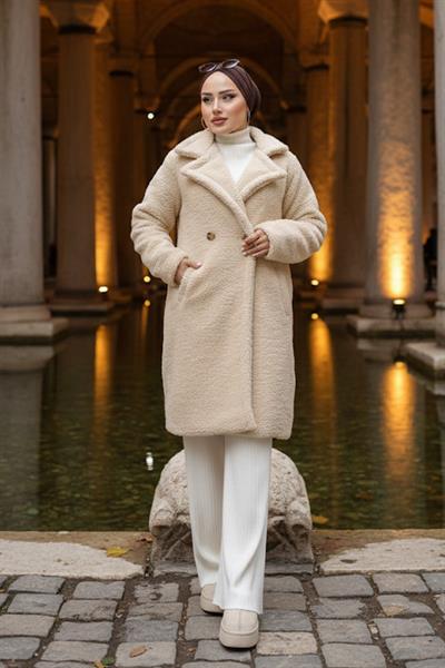 İki Düğmeli Peluş Mont Bej HM262506