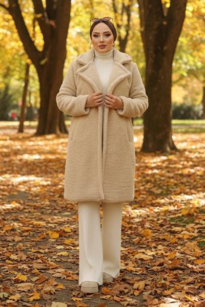 İki Düğmeli Peluş Mont Bej HM262506