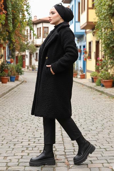 İki Düğmeli Peluş Mont Siyah HM262506