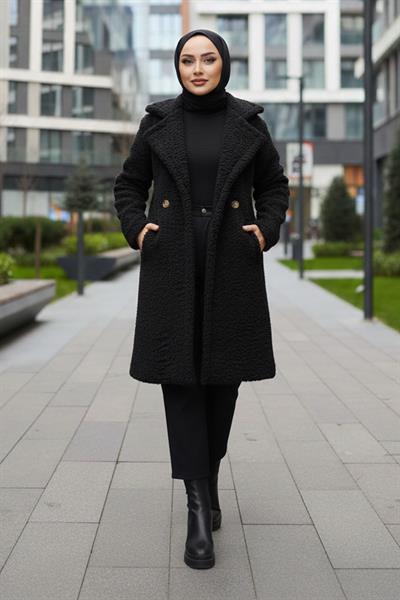 İki Düğmeli Peluş Mont Siyah HM262506