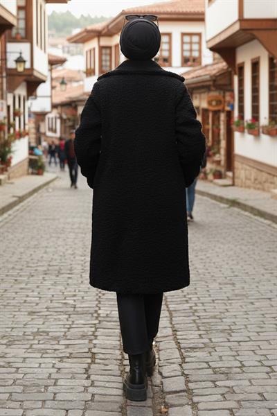 İki Düğmeli Peluş Mont Siyah HM262506