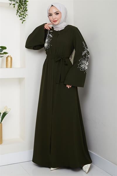 İncili Çiçek Motifli Kuşaklı Ferace Haki HM2720