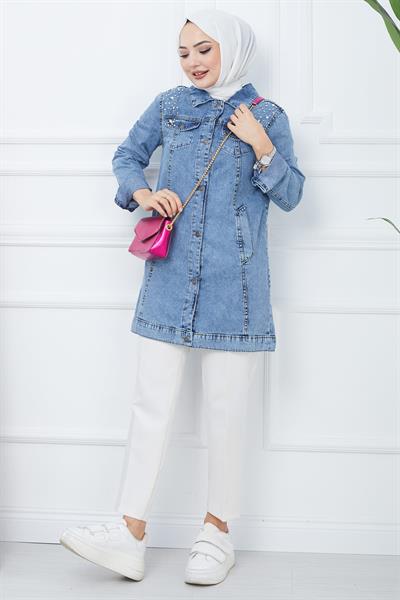 İncili Kot Ceket Mavi HM2346