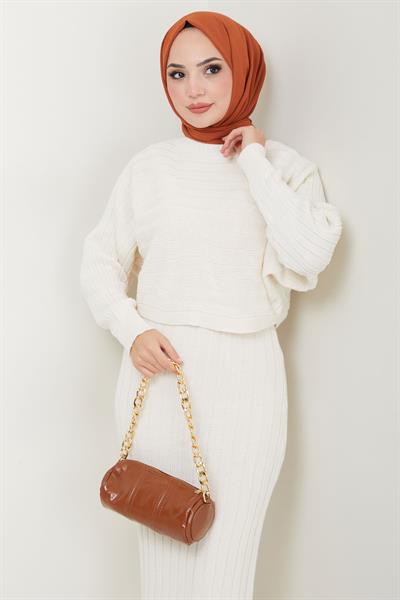 Jile Bluz Triko Takım Ekru HM2551