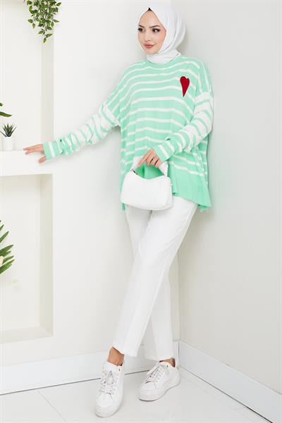 Kalp Aplikeli Çizgili Kazak Mint HM2617