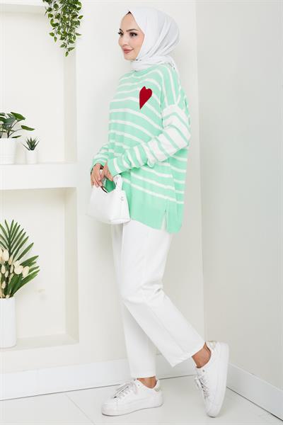 Kalp Aplikeli Çizgili Kazak Mint HM2617