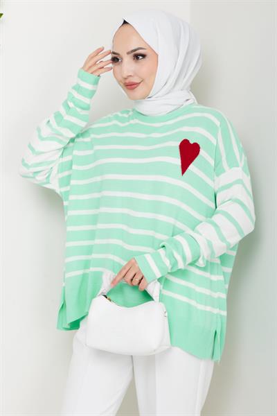 Kalp Aplikeli Çizgili Kazak Mint HM2617