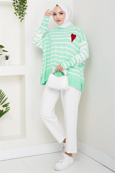 Kalp Aplikeli Çizgili Kazak Mint HM2617