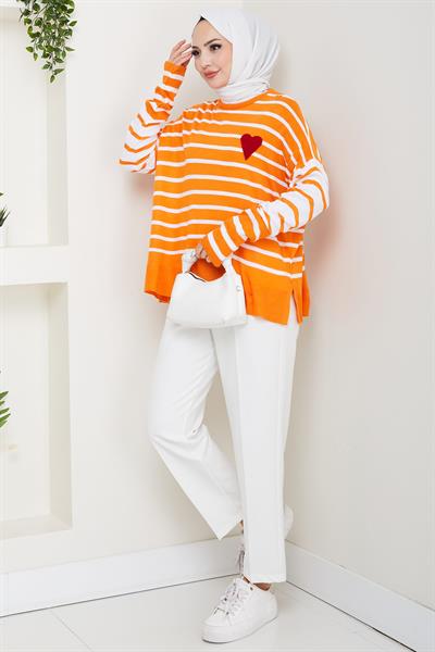 Kalp Aplikeli Çizgili Kazak Turuncu HM2617
