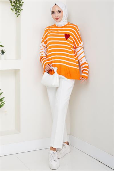 Kalp Aplikeli Çizgili Kazak Turuncu HM2617