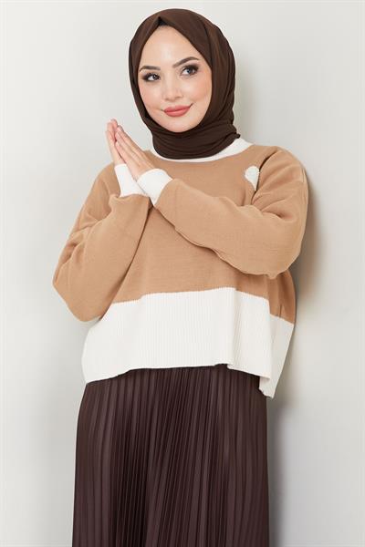 Kalp Detaylı İki Renkli Crop Kazak Camel HM2575