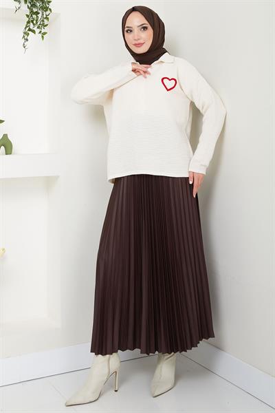 Kalp Nakışlı Polo Yaka Triko Kazak Krem HM2571