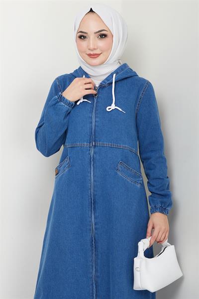 Kapşonlu Kot Ferace Koyu Mavi HM2653