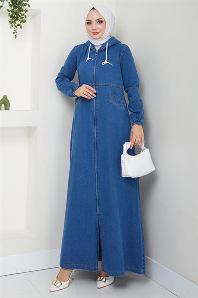 Kapşonlu Kot Ferace Koyu Mavi HM2653