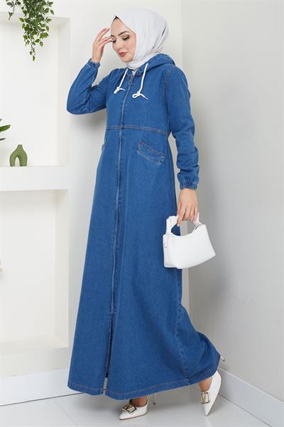 Kapşonlu Kot Ferace Koyu Mavi HM2653