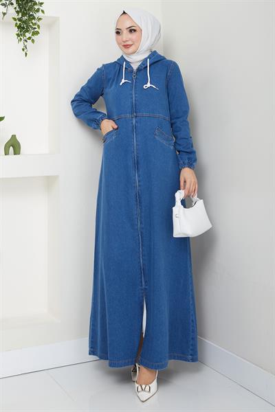 Kapşonlu Kot Ferace Koyu Mavi HM2653