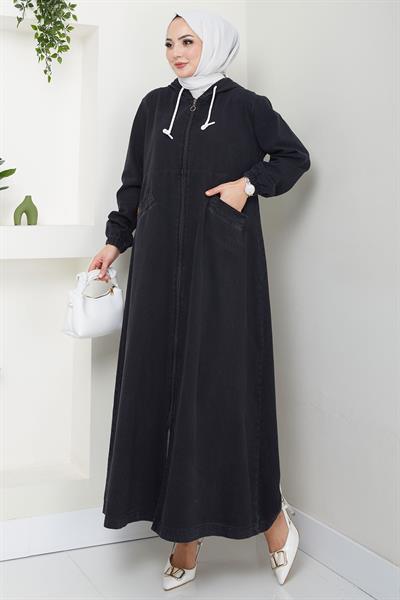 Kapşonlu Kot Ferace Siyah HM2653