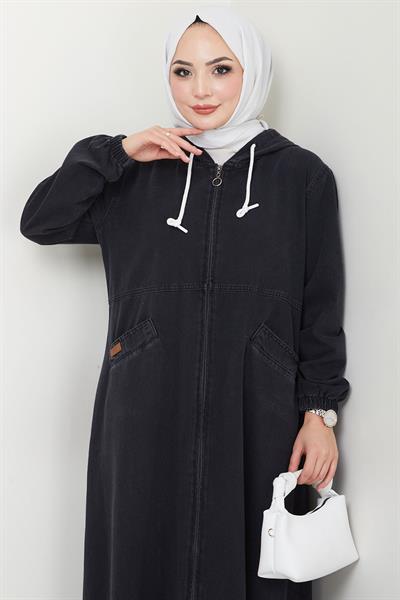 Kapşonlu Kot Ferace Siyah HM2653