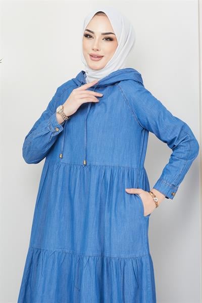 Kapüşon Detaylı Kot Elbise Açık Mavi