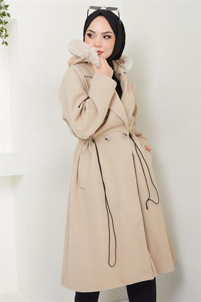 Kapüşonlu Beli Büzgülü Kaşe Kaban Bej HM2604