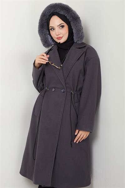 Kapüşonlu Beli Büzgülü Kaşe Kaban Füme HM2604