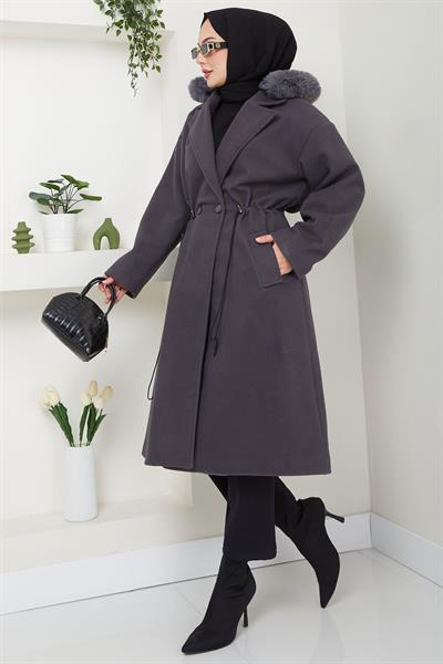 Kapüşonlu Beli Büzgülü Kaşe Kaban Füme HM2604