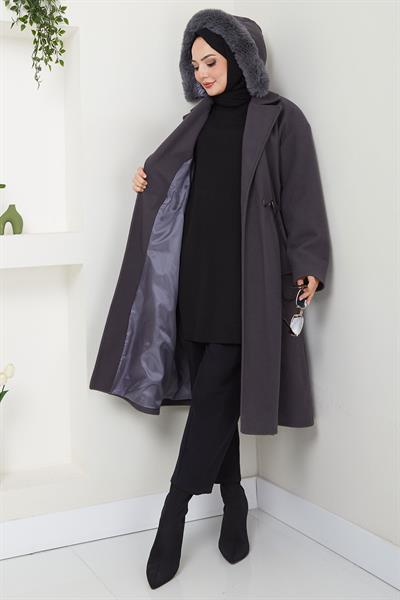 Kapüşonlu Beli Büzgülü Kaşe Kaban Füme HM2604