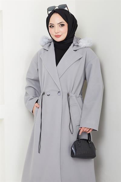 Kapüşonlu Beli Büzgülü Kaşe Kaban Gri HM2604