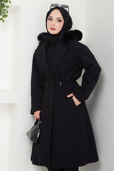 Kapüşonlu Beli Büzgülü Kaşe Kaban Siyah HM2604