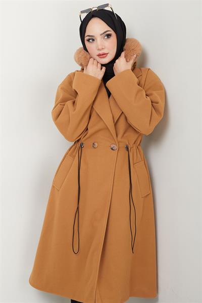 Kapüşonlu Beli Büzgülü Kaşe Kaban Taba HM2604