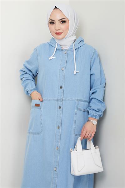 Kapüşonlu Düğmeli Torba Cep Kot Kap Açık Mavi HM2670