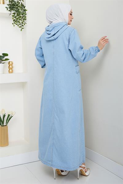 Kapüşonlu Düğmeli Torba Cep Kot Kap Açık Mavi HM2670
