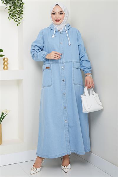 Kapüşonlu Düğmeli Torba Cep Kot Kap Açık Mavi HM2670