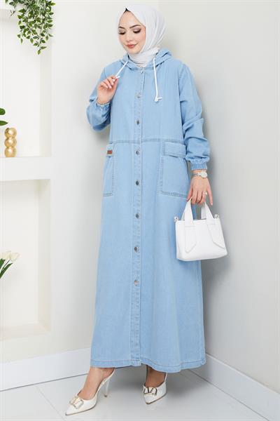 Kapüşonlu Düğmeli Torba Cep Kot Kap Açık Mavi HM2670