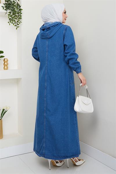 Kapüşonlu Düğmeli Torba Cep Kot Kap Koyu Mavi HM2670