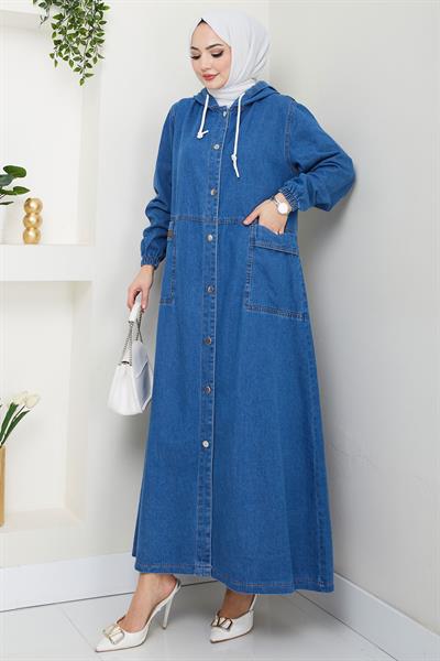 Kapüşonlu Düğmeli Torba Cep Kot Kap Koyu Mavi HM2670