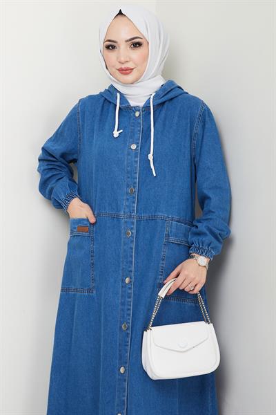 Kapüşonlu Düğmeli Torba Cep Kot Kap Koyu Mavi HM2670