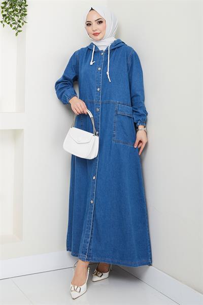 Kapüşonlu Düğmeli Torba Cep Kot Kap Koyu Mavi HM2670