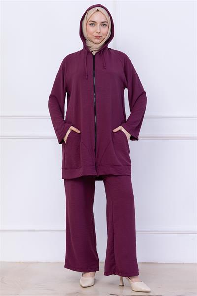 Kapüşonlu Kanguru Cepli Fermuarlı Ayrobin Takım Mürdüm HM2731