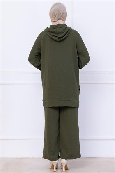 Kapüşonlu Kanguru Cepli Fermuarlı Ayrobin Takım Haki HM2731