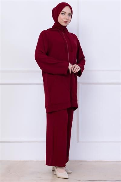 Kapüşonlu Kanguru Cepli Fermuarlı Ayrobin Takım Bordo HM2731